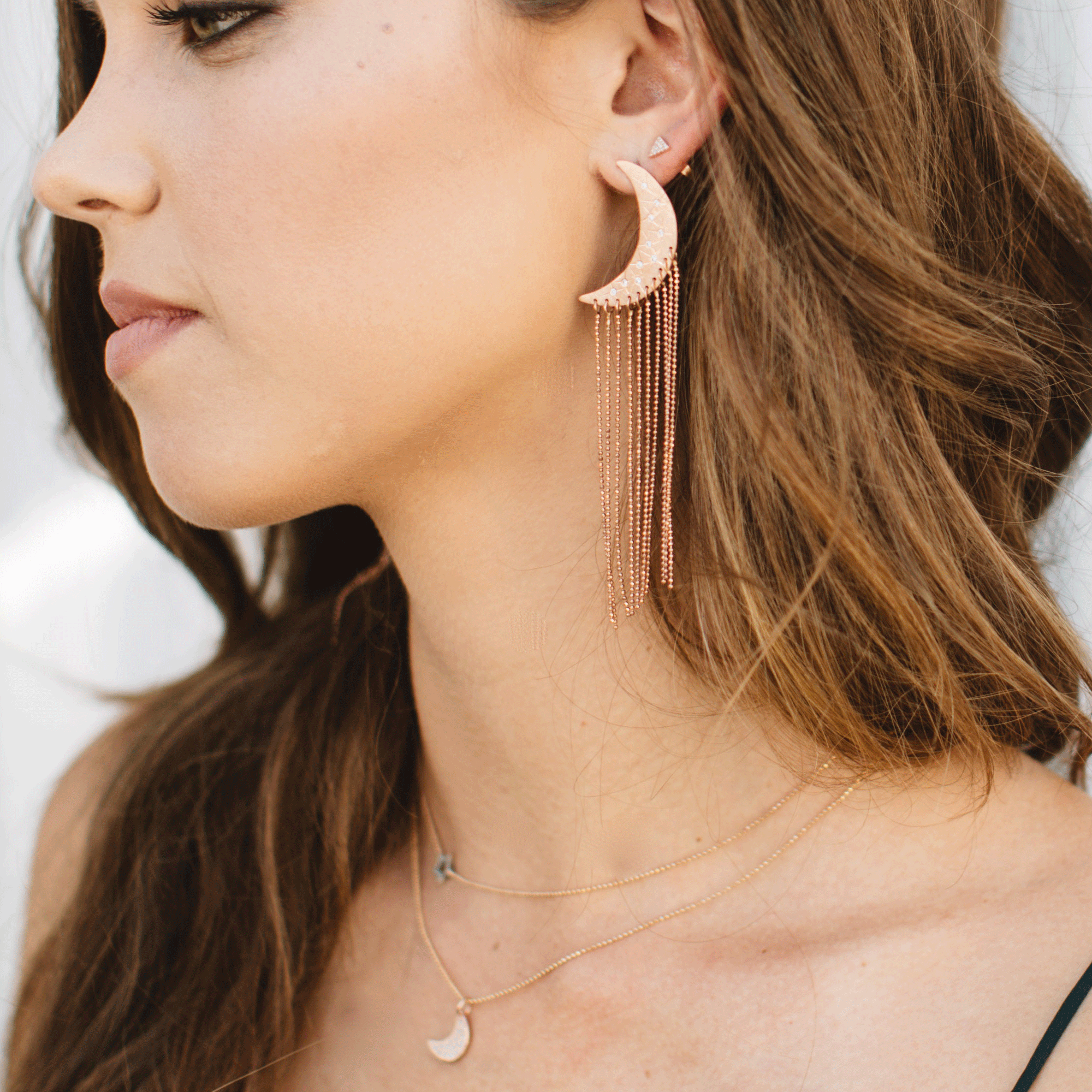 14k rose gold medium ALDA moon post earrings with chain fringe