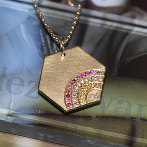 14k gold HOWI hexagon pendant with mixed diamonds and sapphires