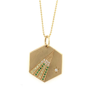 14k yellow gold HOPE hexagon pendant with white diamonds and green garnets