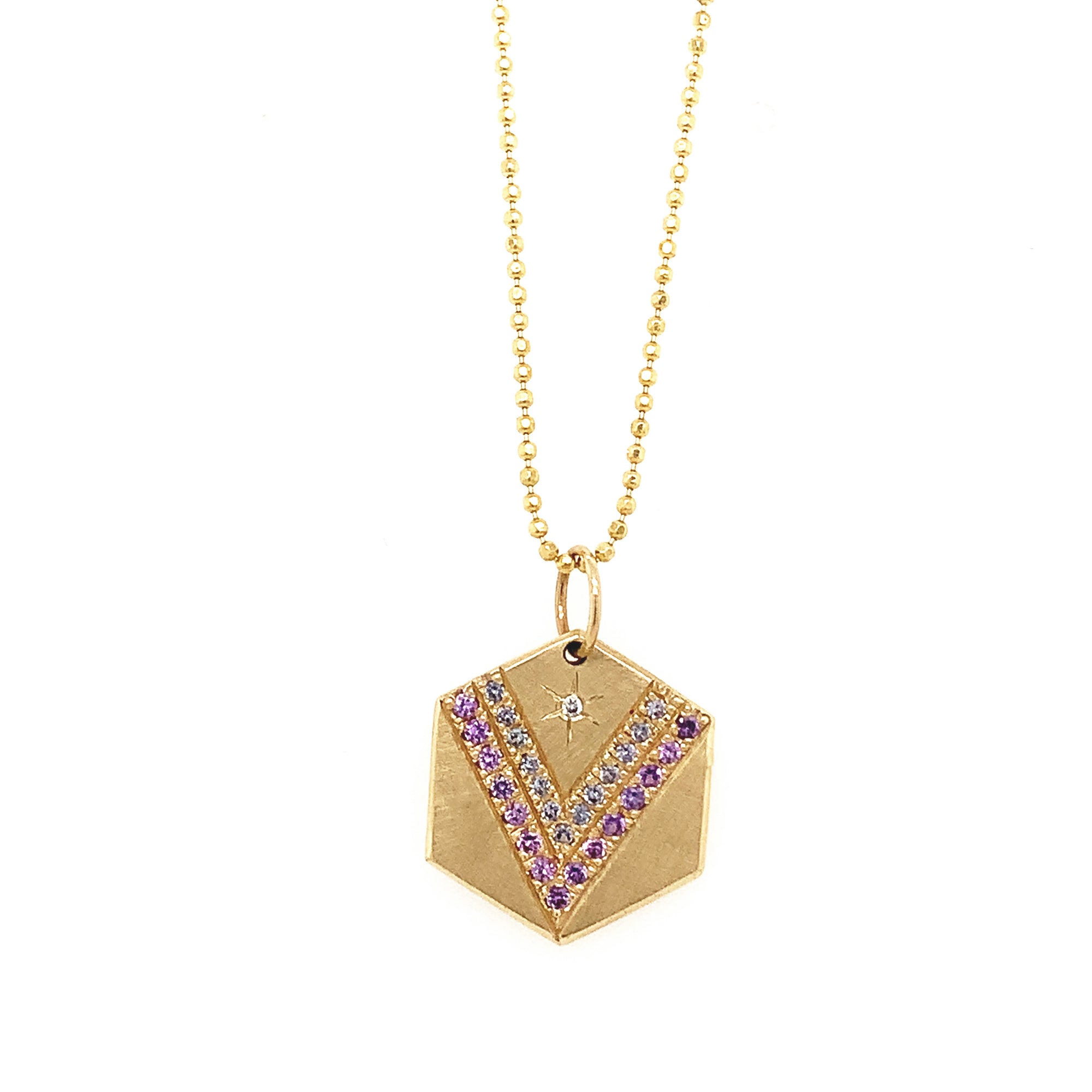 14k yellow gold HOPI hexagon charm with mixed sapphires