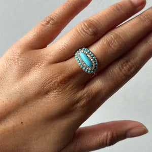 Vintage East West Turquoise Ring with Diamond Halo - Size 6.5