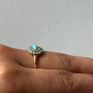 Vintage East West Turquoise Ring with Diamond Halo - Size 6.5