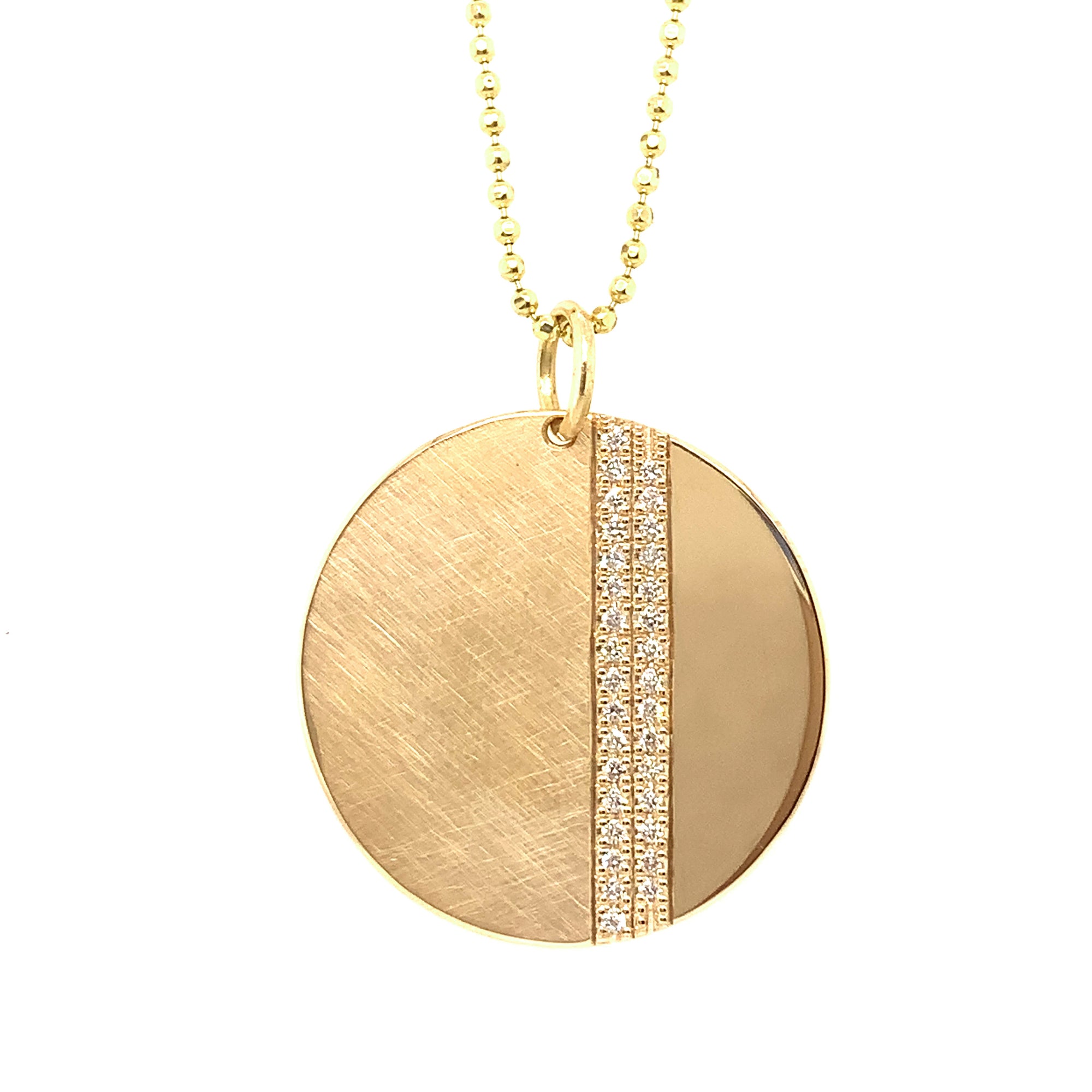 14k yellow gold x-large JOMA round medallion with complimenting satin and shiny finish with 2 vertical stripes of white diamonds