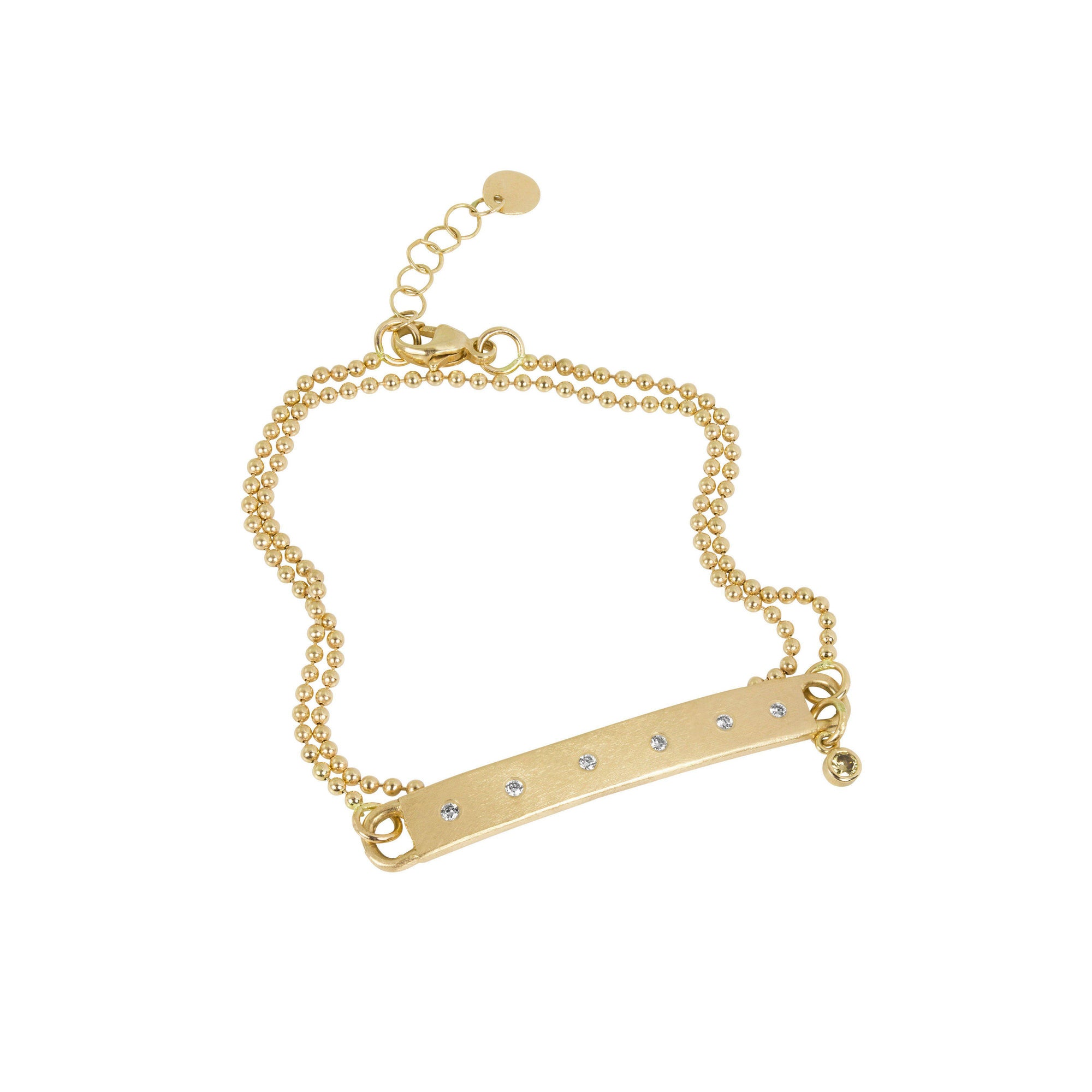 14k yellow gold NEVO bar wrap bracelet with 6 diamonds and diamond dangle