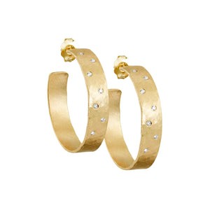 14k yellow gold small OPAR wide hoop earrings with scattered diamonds