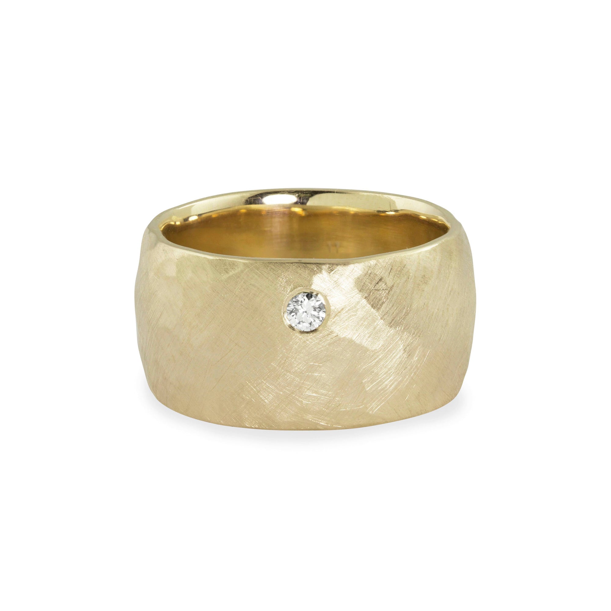14k yellow gold RAMA wide hammered band ring with white diamond