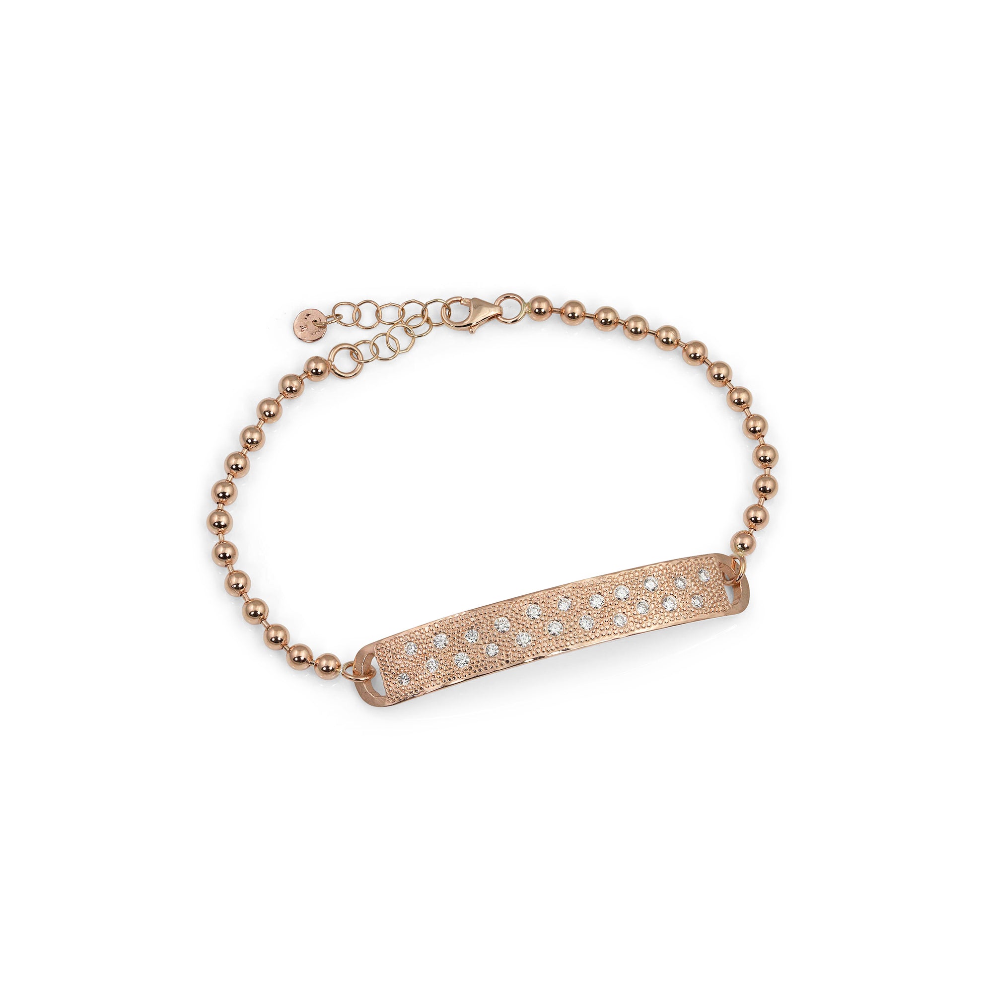 14k rose gold SOMA bar bracelet with scattered diamonds and 3.0mm ball link chain