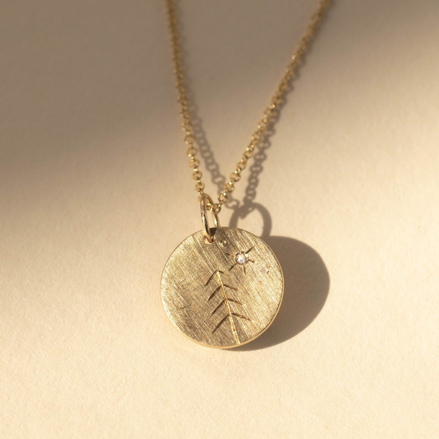 14k yellow gold GREE etched tree charm